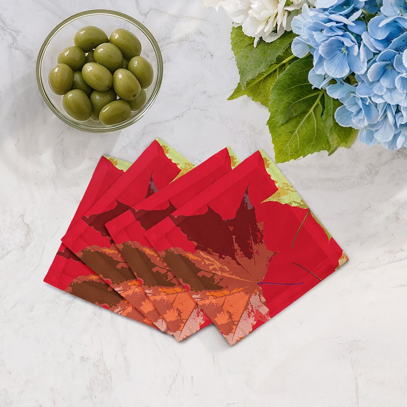 Serviettes de cocktail en satin de coton à feuilles d'automne, Rouge