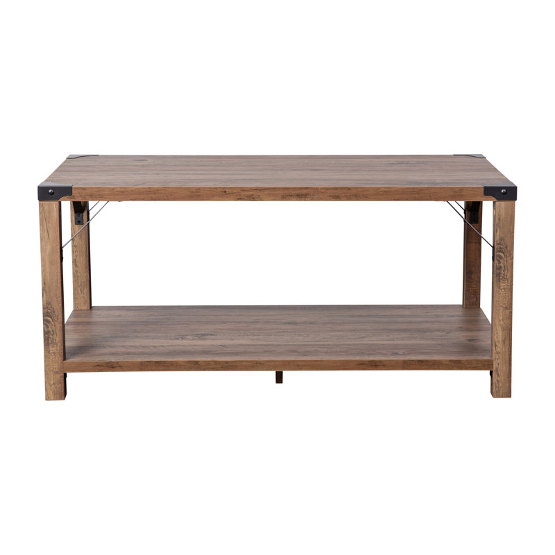 Table basse à 2 niveaux Talmon avec entretoises latérales en métal et embouts de coin, Chêne