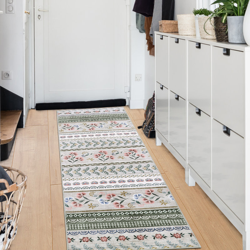 Floral Machine Washable Rug with Rubber Non-Slip Backing for Living Room, Dining Room, Bedroom, Office & Playroom