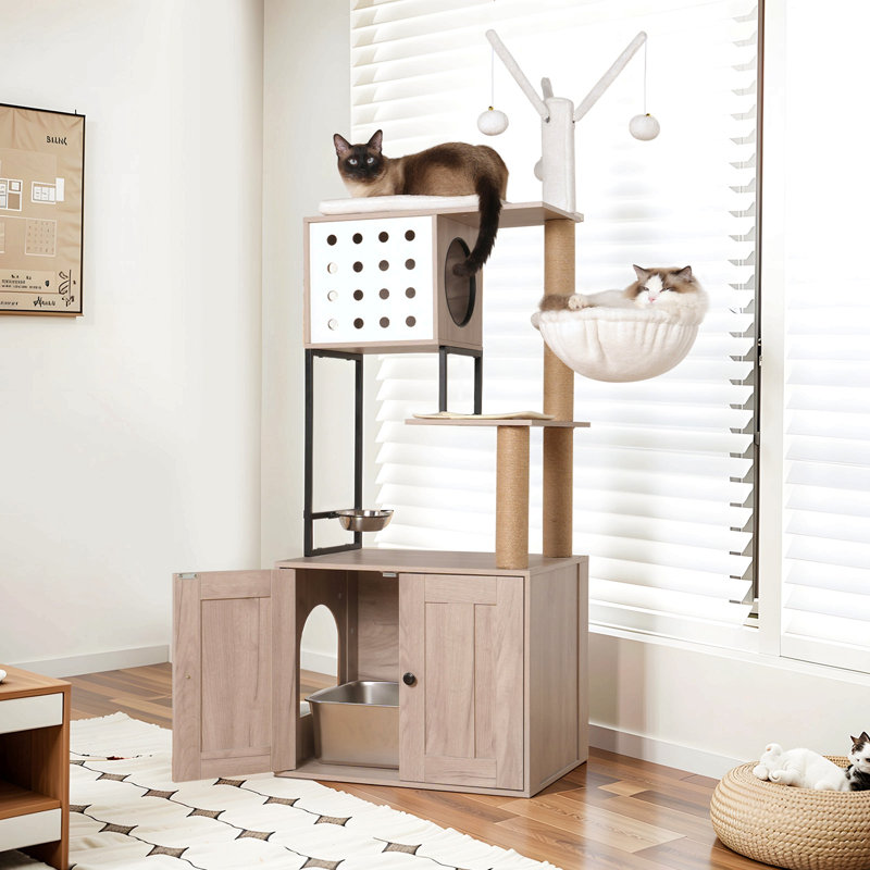 Arbre à chat avec bac à litière - maisonnette pour chat moderne avec poteaux à griffer, bol d'alimentation et bâtons de pompons amovibles, gris