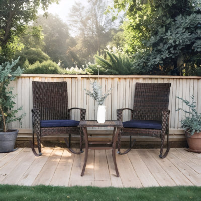 Niubya Premium All-weather Wicker/rattan 3-piece Rocking Chair & Bistro Conversation Set With Cushions, Coffee Table, Brown Outdoor Patio Furniture