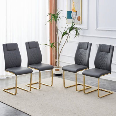 Chaises de salle à manger modernes, chaises de restaurant et chaises rembourrées dorées en cuir artificiel, convenant aux cuisines, aux salons, aux chambres et aux bureaux. Ensemble de 4 pièces (gris + polyuréthane) C-001