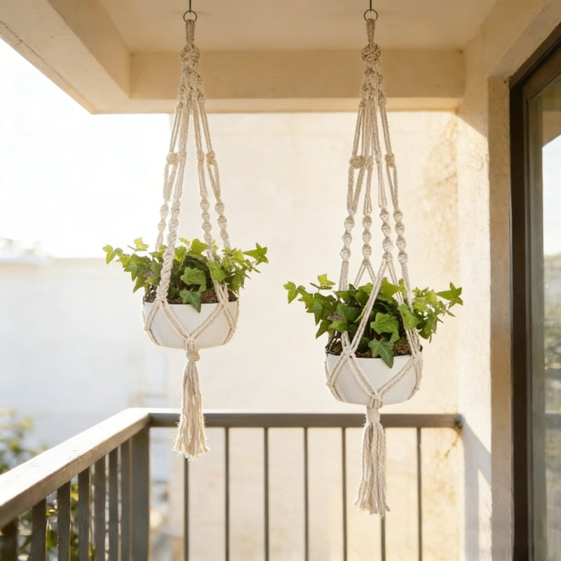 Ensemble de 4 cintres de jardin suspendus en corde de coton tissée à la main avec pot de fleurs et pampilles, 41 po, beige