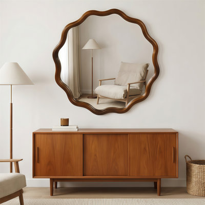 Miroir décoratif rond en bois massif ondulé de 36 po de couleur noyer noir, pour chambre à coucher, salle de bain, salon, entrée