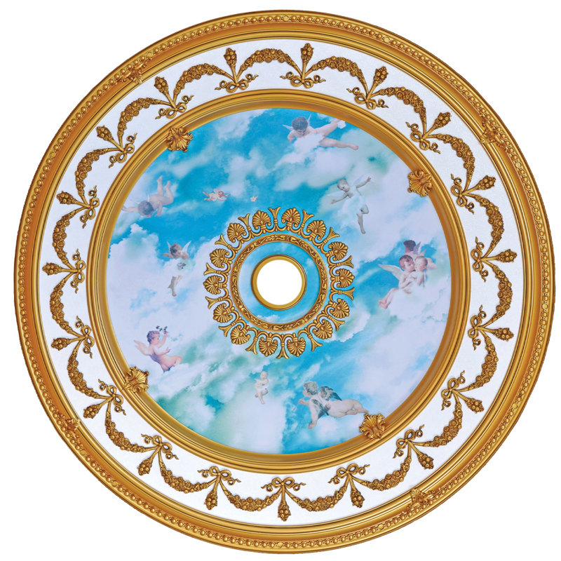 Round 51" Antique Gold Ceiling Medallion Blue Sky Angel Motif