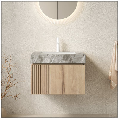 MURI 24" Bathroom Vanity&Sink, Floating Plywood Storage Cabinet with 2 Doors, Light Gray Sintered Stone Top&Ceramic Basin with 1 Pre-drilled Faucet Hole, Pre-assembled, White Oak Woodgrain Color