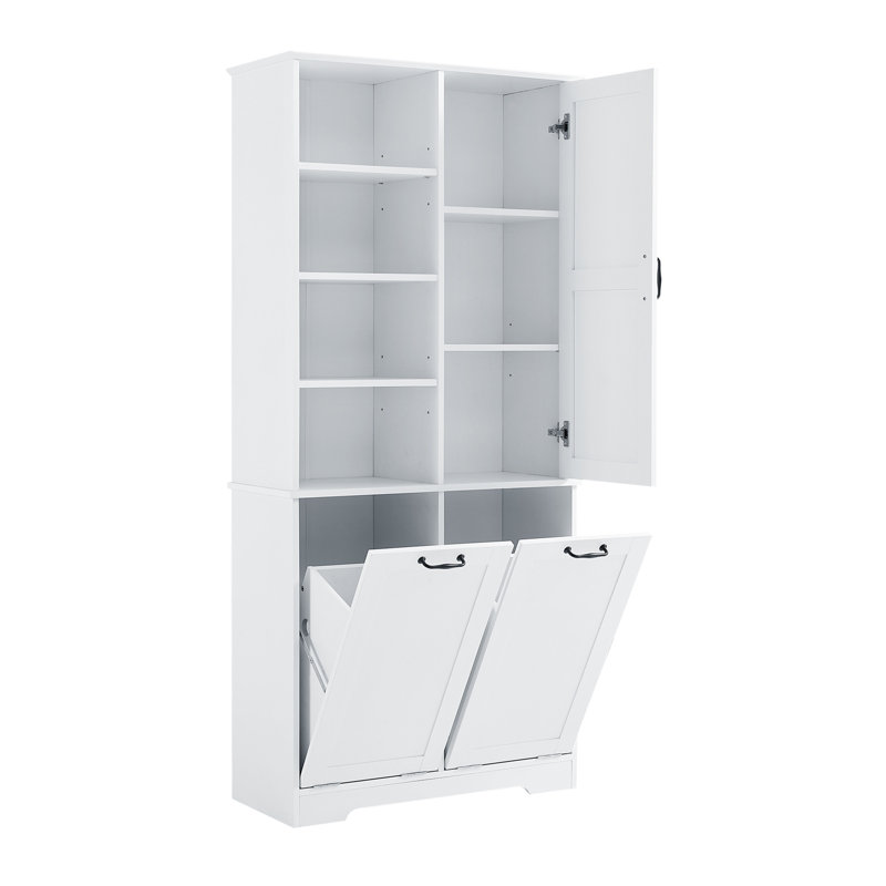 Armoire de rangement pour salle de bain avec portes et tiroirs, panier à linge inclinable, plusieurs espaces de rangement, style autoportant, tablette ouverte, tablette réglable, blanc