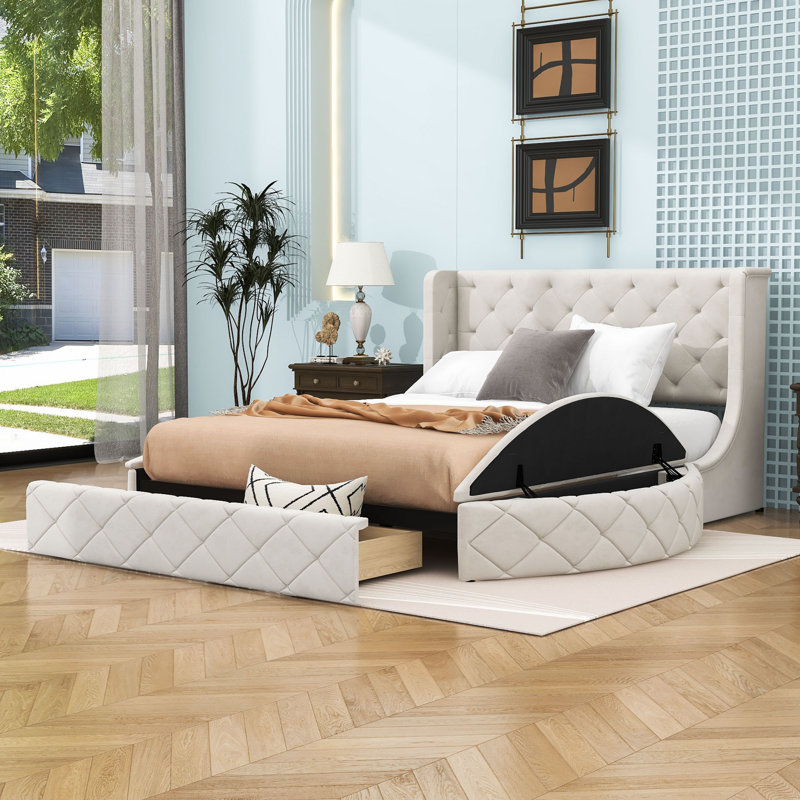 Grand lit plateforme tapissier en velours avec tête de lit à oreilles et tiroir, Beige