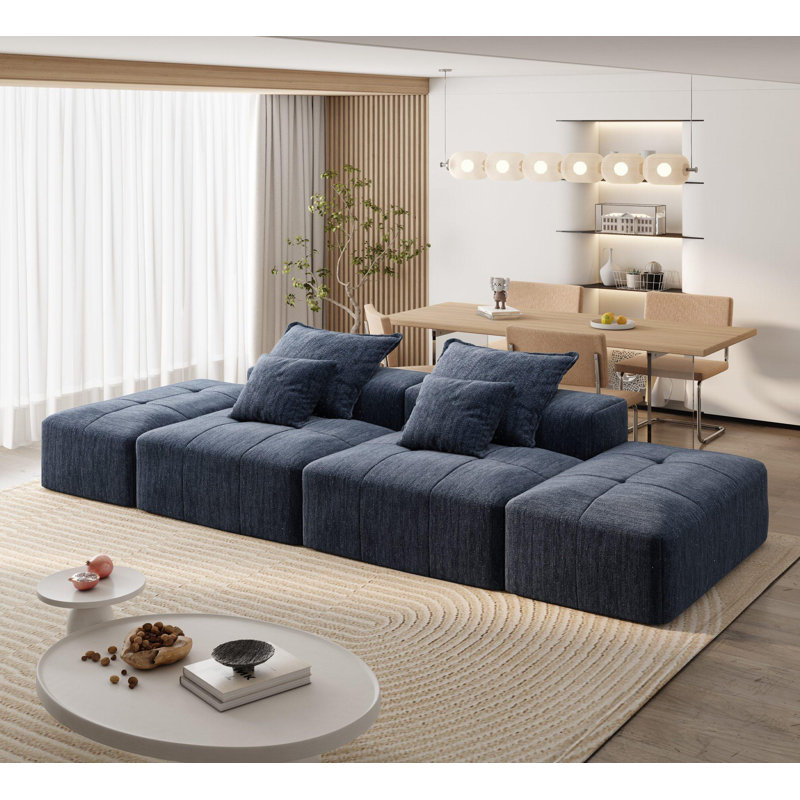 Canapé modulaire capitonné en chenille avec 2 repose-pieds et coussins Lora, Chenille bleu