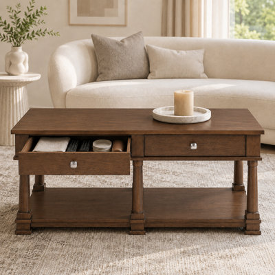 Vintage Farmhouse Style with Drawer Storage and Spacious Lower Shelf Wooden Coffee Table with Classic Turned Legs for Living Room Apartment and Sitting Area