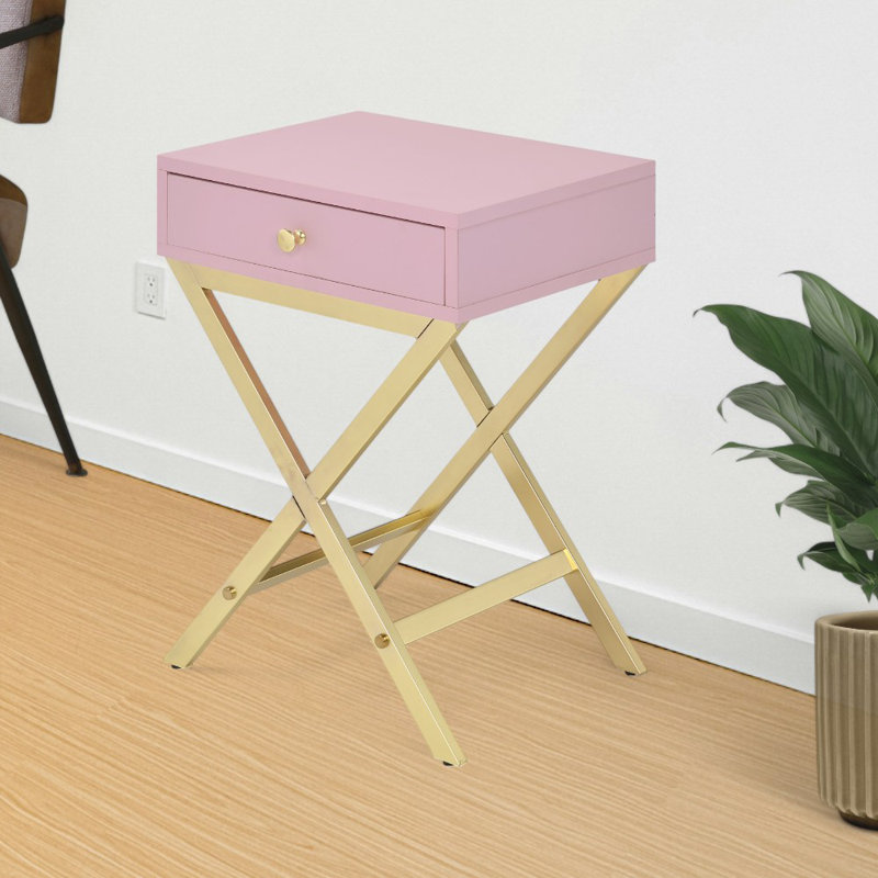 Table d'appoint moderne et chic avec plateau en bois et structure en métal Newhaven, Plateau rose / base dorée