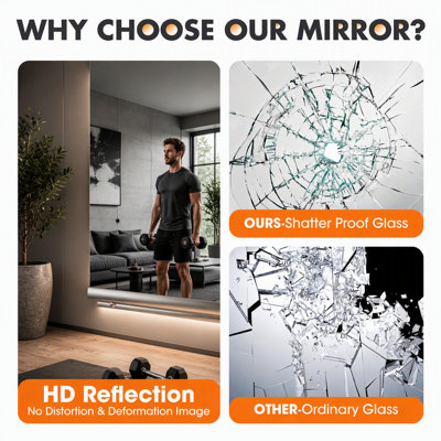 Miroir Home Gym L 48 po x l 24 po - Grand miroir corporel 2 pièces pour yoga, remise en forme, garage, studio de danse, fixation murale, verre trempé de 0,16 po sans cadre