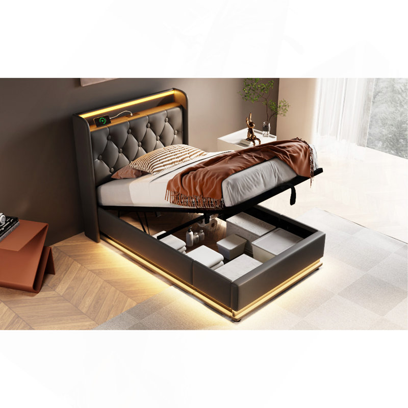 Upholstered Faux Leather Bed with Storage, RGB LED Lights, and USB Ports, Black, King