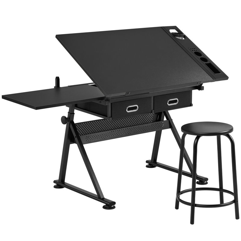 Ensemble de table à dessin et tabouret avec angles et hauteurs de table réglables, Noir