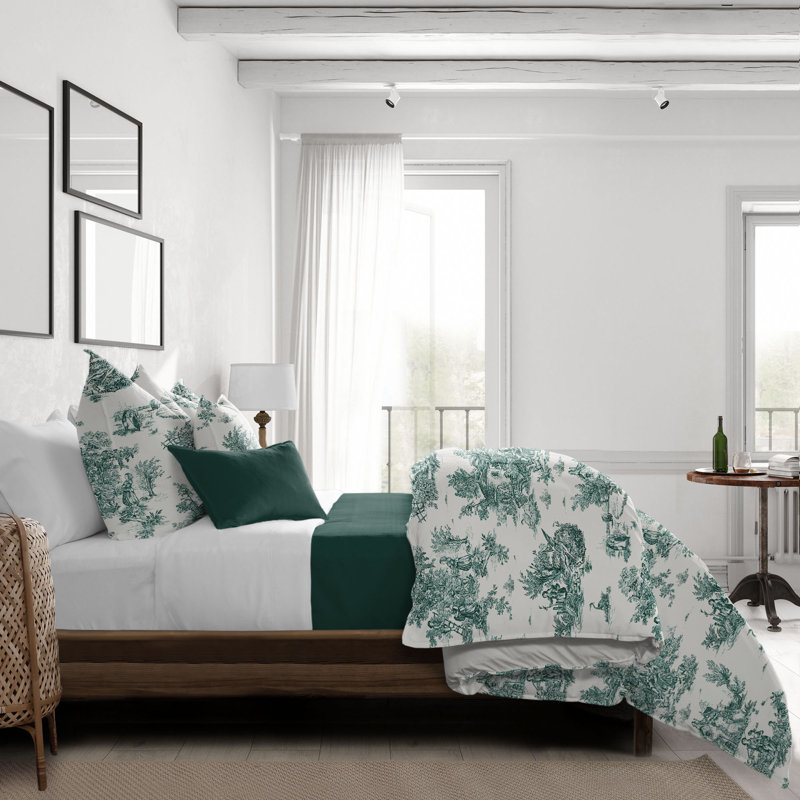 Ensemble d'édredon en coton Toile De Jouy, Édredon très grand et 2 taies décoratives, Vert