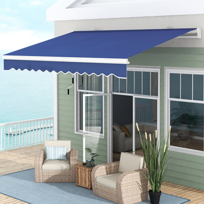 Auvent de balcon 13 'x 8' - Bleu foncé. Et eau. Manivelle manuelle. Cadre en aluminium. Terrasse, utilisation dans la cour. Ajustement multi-surfaces. Protection solaire réglable. Réduit la chaleur. Choix d'installation polyvalents.