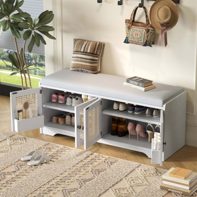 Rustic Storage Bench With Removable Cushion, Woven Rattan Doors & Adjustable Shelves For Hallway, Living Room