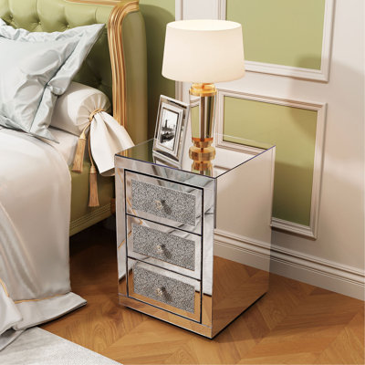 3-Drawer Mirrored Nightstand Bedside Table Glass Accent End Table Silver