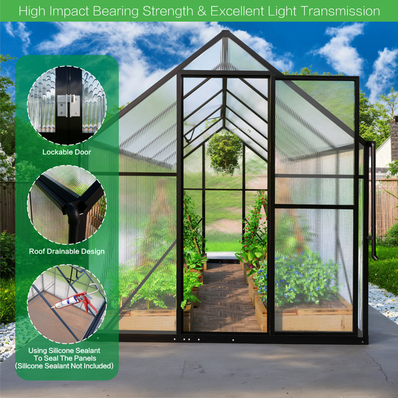6x10 FT Greenhouse for Outdoors, Polycarbonate Green House with Adjustable Roof Vent and Rain Gutter, Aluminum Large Walk-in Greenhouse with Quick Setup Structure for Outside Garden Backyard Patio