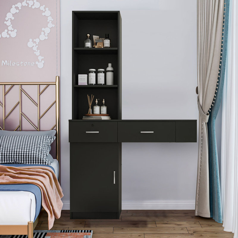 Belgard Minimalist Wooden Storage Dresser Vanity Table with 2 Open Shelves, 2 Drawers and a Cabinet, Black