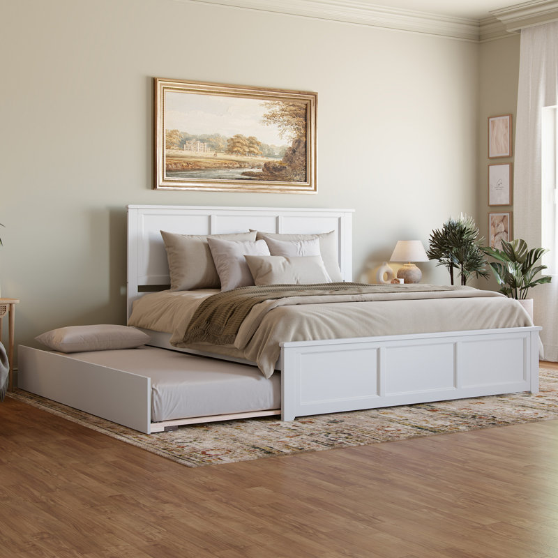 Madison Solid Wood Platform Bed with Matching Footboard and Trundle, King, White
