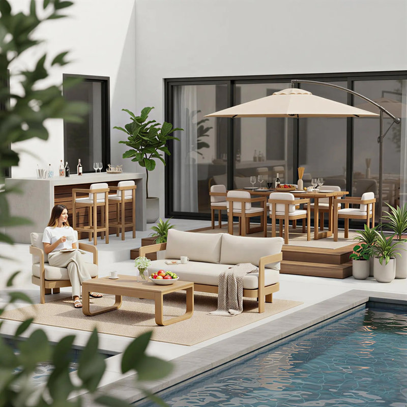 Assembly Free Sofa, Bar Stool, Dining Chairs,Quick Assembly Coffee Table,Outdoor Aluminum Conversation Set, 9 Person Outdoor Conversation Set, Wood Grain Veneer Set for Patio