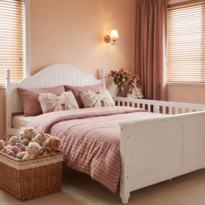 Lit plateforme double en bois pleine grandeur avec tête et pied de lit, barrières de sécurité convertibles, lit bas pour enfant avec rangement sous le lit, disponible en blanc