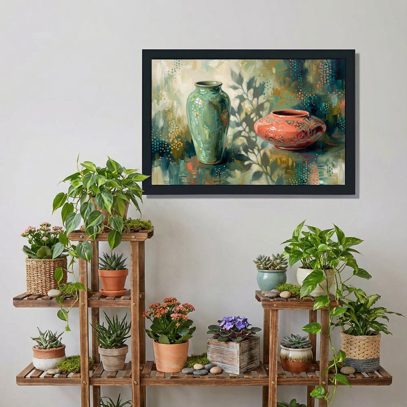 «Green Vase and Rust Pot in Abstract Style», art mural sur toile, H 16 po x l 24 po