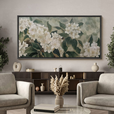 Vintage Floral Patterns " Delicate White Flowers With Green Foliage Illustrations Retro Ready To Hang Painting "