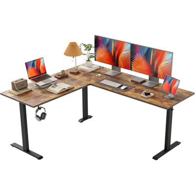 63 X 55 Inch L Shaped Electric Standing Desk – Adjustable Height Corner Sit Stand Computer Table With Splice Board, Rustic Brown