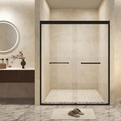 Verre trempé avec film antidéflagrant, porte de douche coulissante à cadre en aluminium, 1/4 po (6 mm), poignée en acier inoxydable