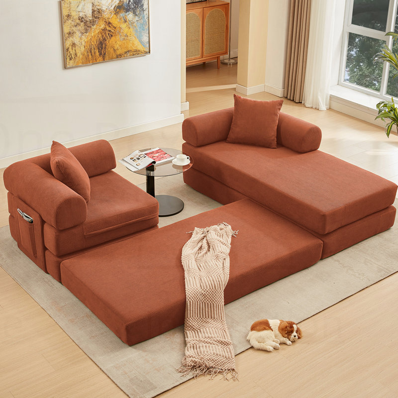 Modular Corduroy 3-Seat Sofa L Shaped Couch With Foldable Doublelayered Seat Cushion For Apartment-Compression Sofa In Box