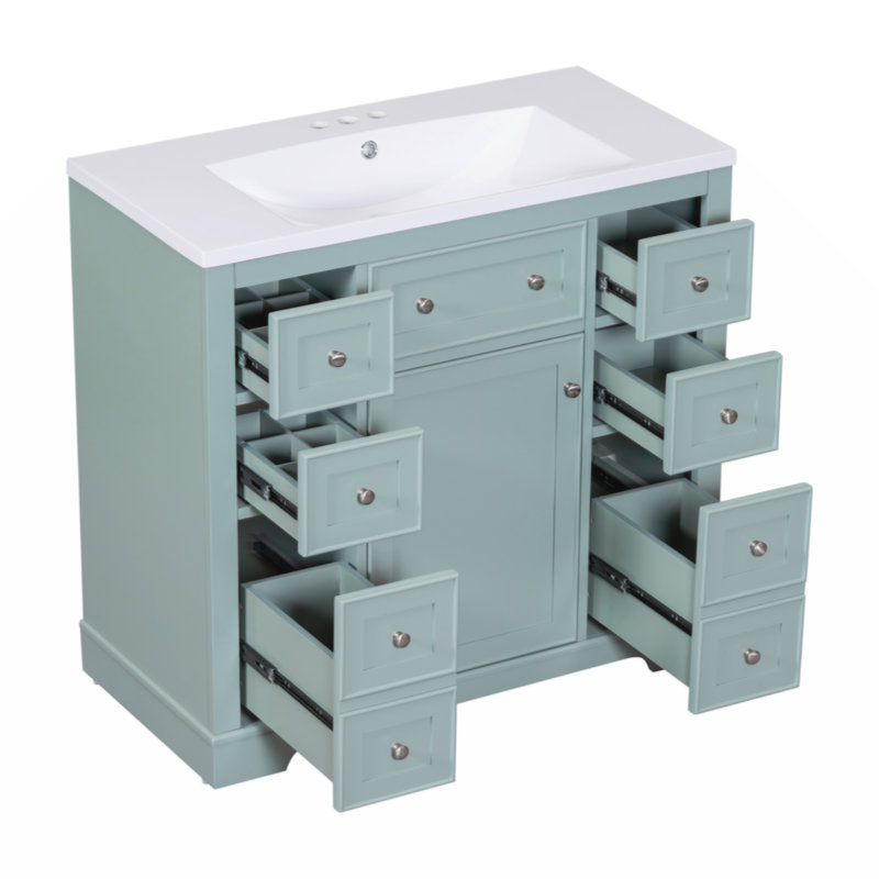 Green Solid Wood and MDF Freestanding Bathroom Vanity with Ceramic Sink
