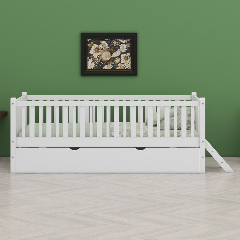 Platform Bed With Guardrail And Trundle, White