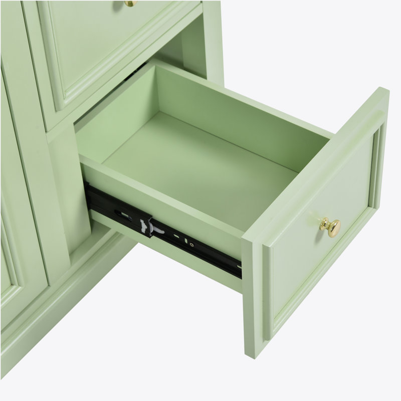 Armoire de salle de bain avec lavabo en céramique, 3 tiroirs et tablettes réglables, Vert