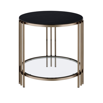 Table de bout en pierre frittée avec finition en métal champagne, 1 tablette, article d'ameublement moderne, l 23,3 po x P 24,34 po, métal noir, salon essentiel, 24,34 po