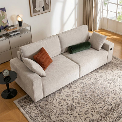 94" Pull-Out Sleeper Sofa Bed, 3-in-1 Convertible Modern Upholstered Couch, Charging Port, Queen Size, Chenille Beige
