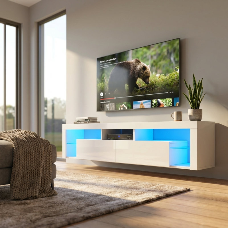 Meuble télé Hugo pour téléviseur de 90 po ou moins avec éclairage DEL 16 couleurs, tablettes en verre, fixation murale, Blanc