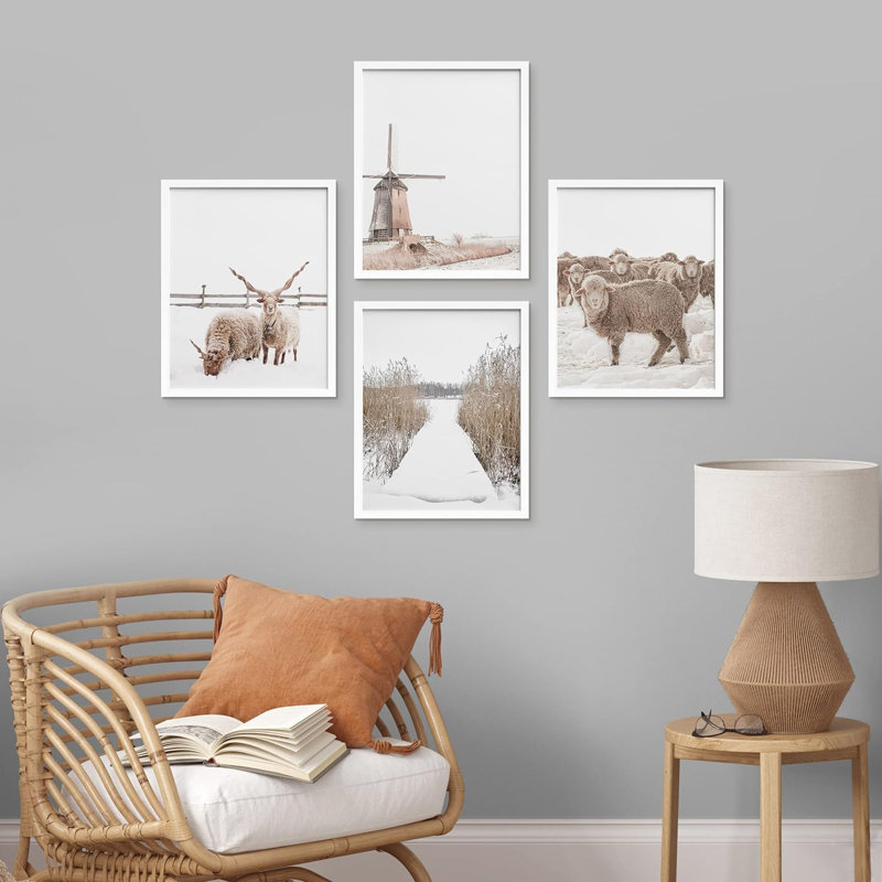 «Winter Country Farm», ensemble de 4 moulins à vent, décorations murales encadrées sur papier, impression 4 pièces, Blanc