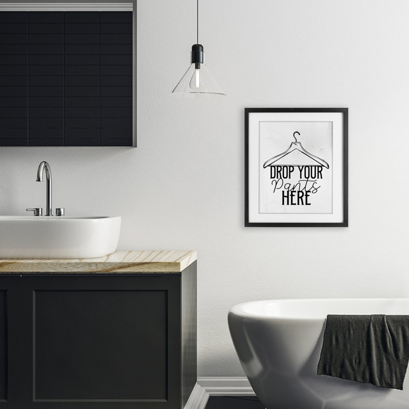 «Drop Pants Here with Hanger», impression sous verre encadrée, conception de Kim Allen, Noir, H 16 po x l 13 po