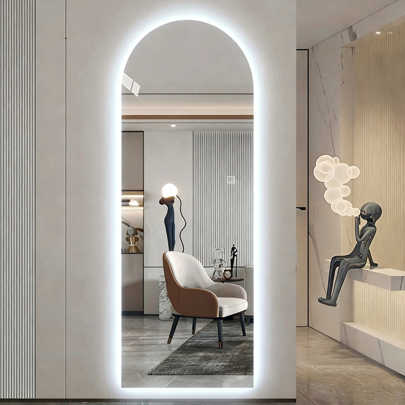 LED Full Length Wall Mirror With Symmetrical Arch Design, 3-Color Dimmable Lighting