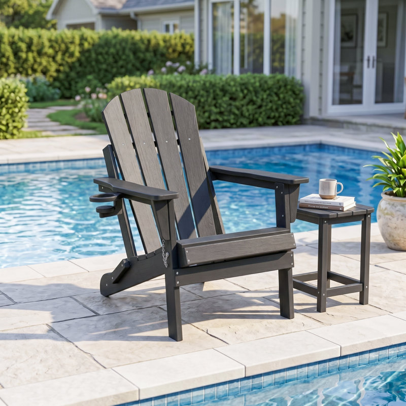 Chaise Adirondack pliante en PEHD avec deux porte-gobelets, noir, Black