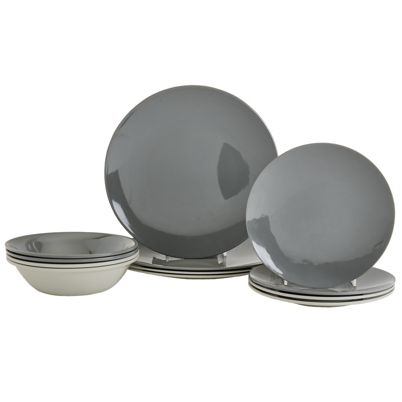 Tabletops Gallery Peacock 12 Piece Melamine Dinnerware Set, White/Gray