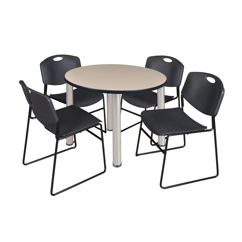 Plateau de table Kee, 4 chaises empilables Zeng, Gris, Érable / chrome, H 29 po x l 42 po x P 42 po