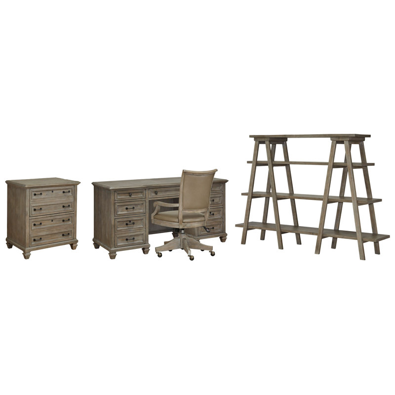 Credenza With Chair Lateral File And Bookshelf, 4 Pieces: Desk, Chair, Filing Cabinet, Bookshelf, Dovetail Gray