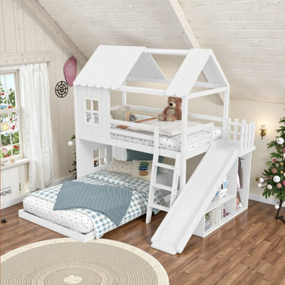 Twin Over Full House Bunk Bed With Ladder, Slide, Storage Shelves & Wardrobe