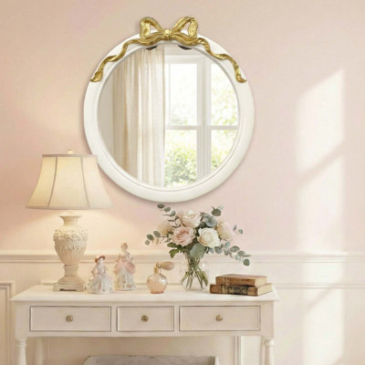 28" French Country Round Vanity Mirror, Cream & Gold Bow Framed Mirror for Nursery