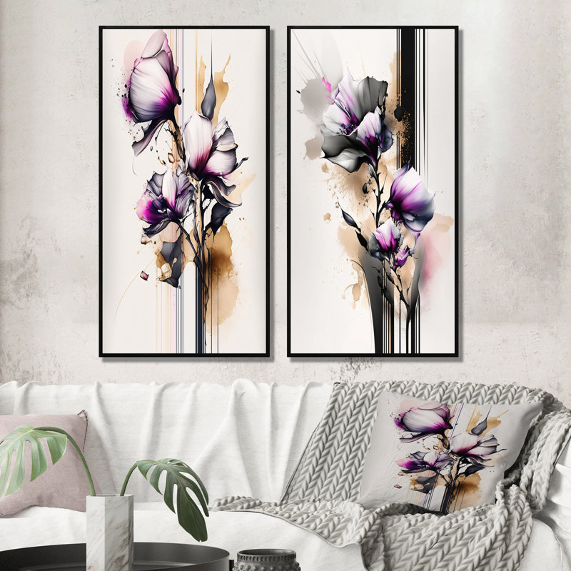 "Fleur d'orchidée rose sur fusion abstraite", 2 pièces sur toile, Cadre noir, H 20 po x l 24 po