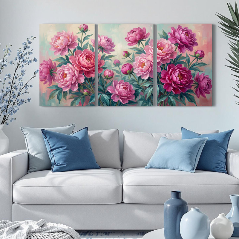 Ensemble de 3 tableaux muraux sur toile à motif de pivoines, pour salon, chambre et décoration intérieure, H 18 po x l 36 po