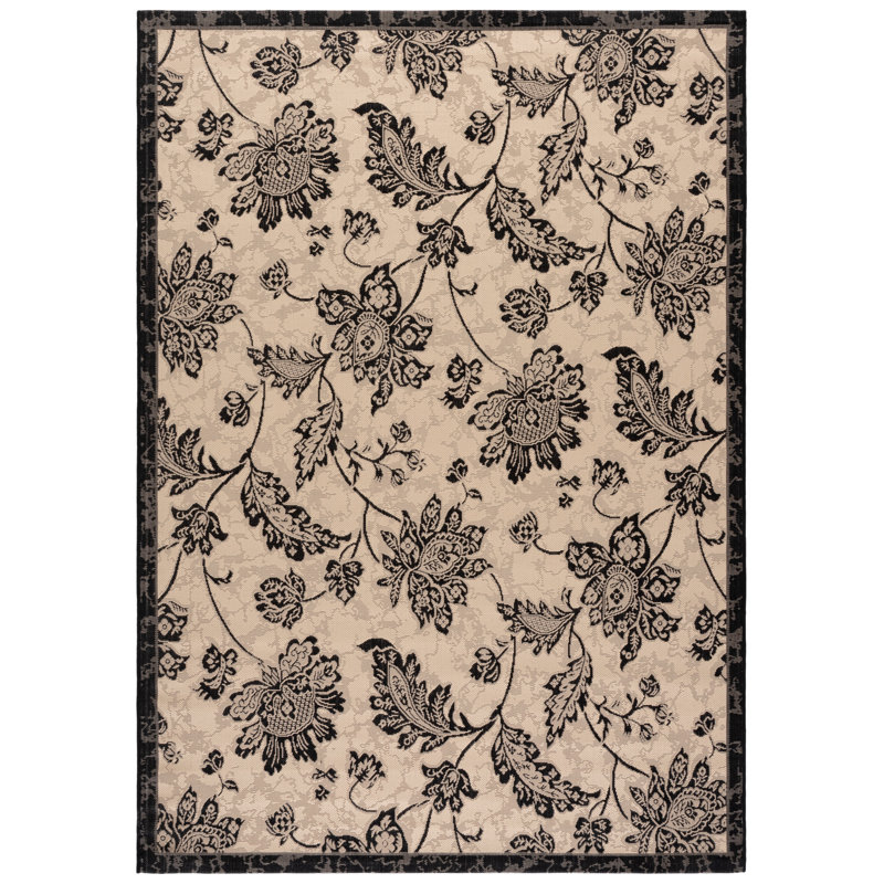 Arneshia Creme/Black Indoor/Outdoor Area Rug, Rectangle 6'7" x 9'6"